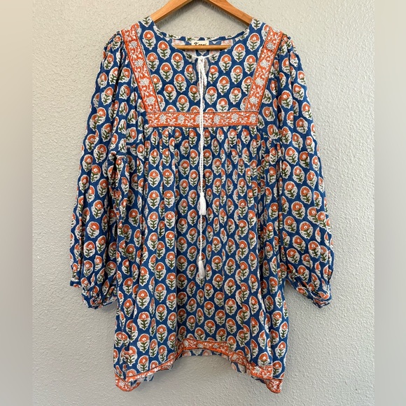 Karni‎ Boho Blockprint Tunic Blouse Size XXL Tassel Ties - Picture 2 of 6